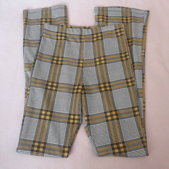 Topshop Womens' Plaid Pants, Flare Leg, Elastic Waist; Yellow/Black/White Sz 6 - Picture 1 of 10